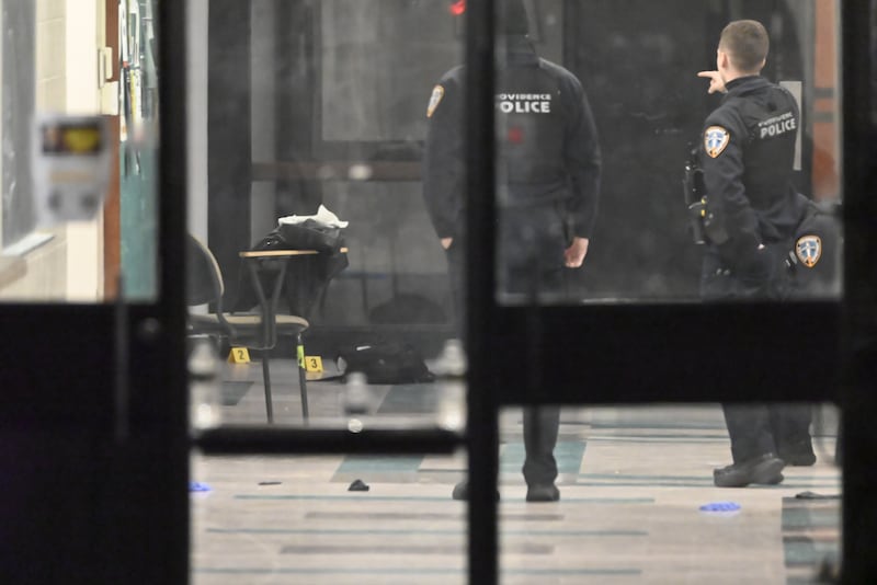 PROVIDENCE, RHODE ISLAND - DECEMBER 14: Shell casings are highlighted with evidence markers inside one of the University buildings at Brown University in Providence, R.I., Sunday, Dec. 14, 2025, following a mass shooting that killed two people and wounded several others on Saturday. (Photo by Kyle Mazza/Anadolu via Getty Images)