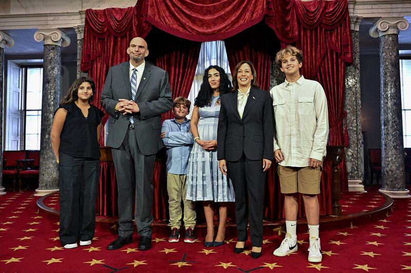 (L-R) Grace Fetterman, Senator John Fetterman, August Fetterman, Giselle Fetterman, Vice President Kamala Harris, and Karl Fetterman