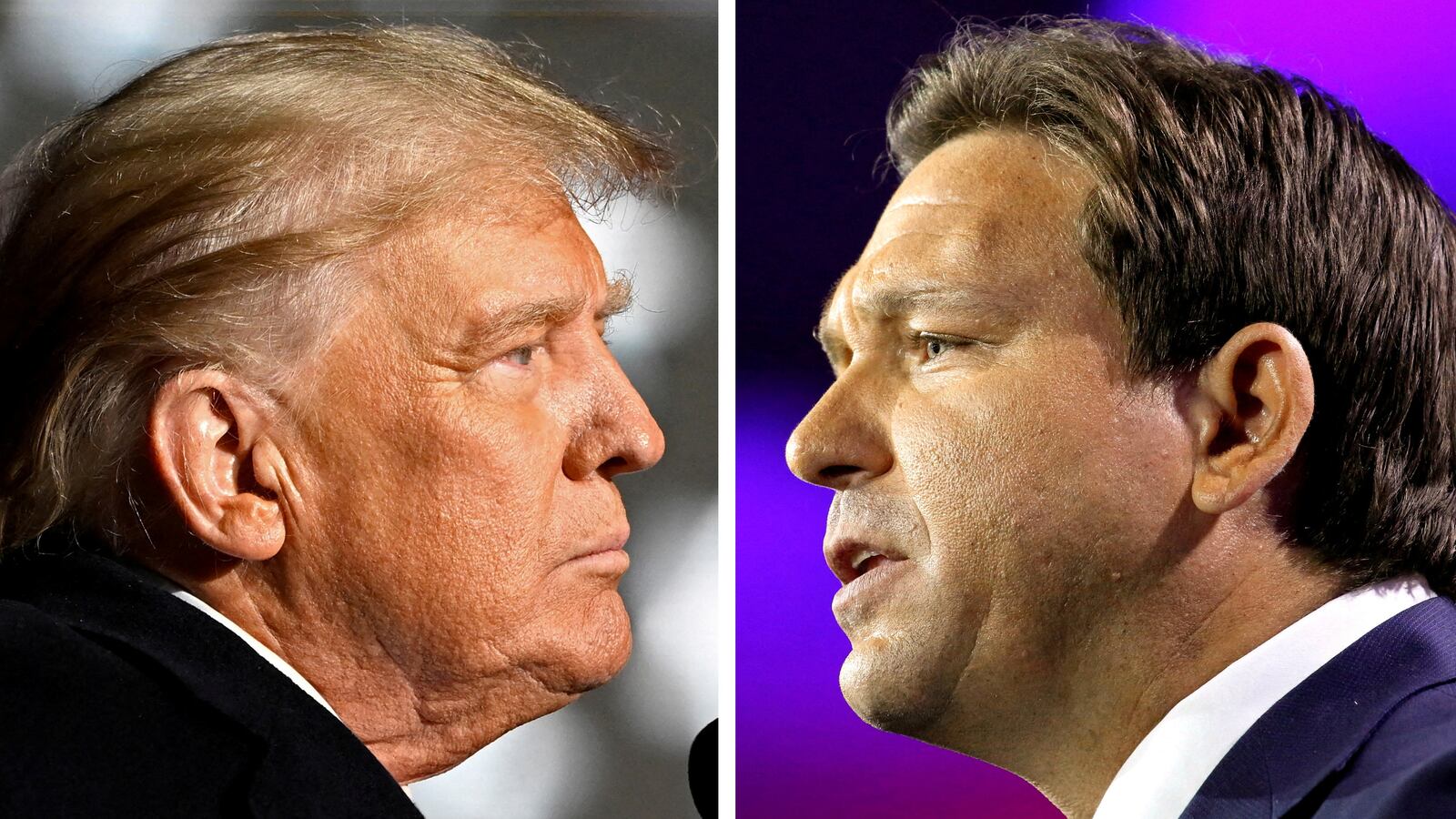 Former U.S. President Donald Trump and Florida Governor Ron DeSantis speak at midterm election rallies, in Dayton, Ohio, U.S. November 7, 2022 and Tampa, Florida, U.S.
