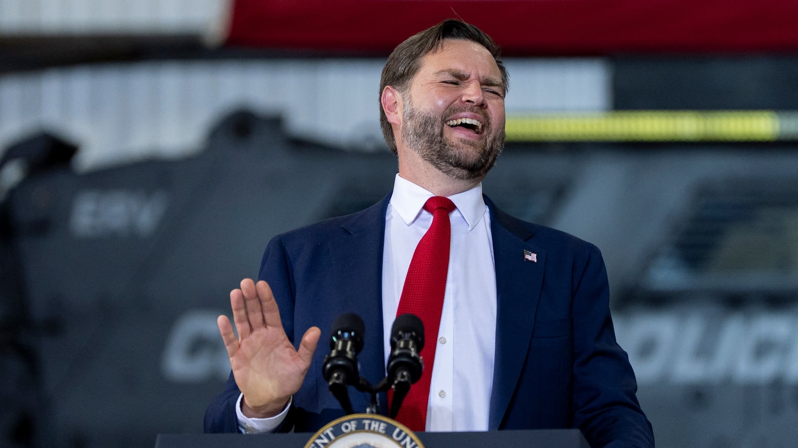 US Vice President JD Vance speaks about tax cuts and support for law enforcement at ConcordÐPadgett Regional Airport on September 24, 2025, in Concord, North Carolina. (Photo by Alex Brandon / POOL / AFP) (Photo by ALEX BRANDON/POOL/AFP via Getty Images)