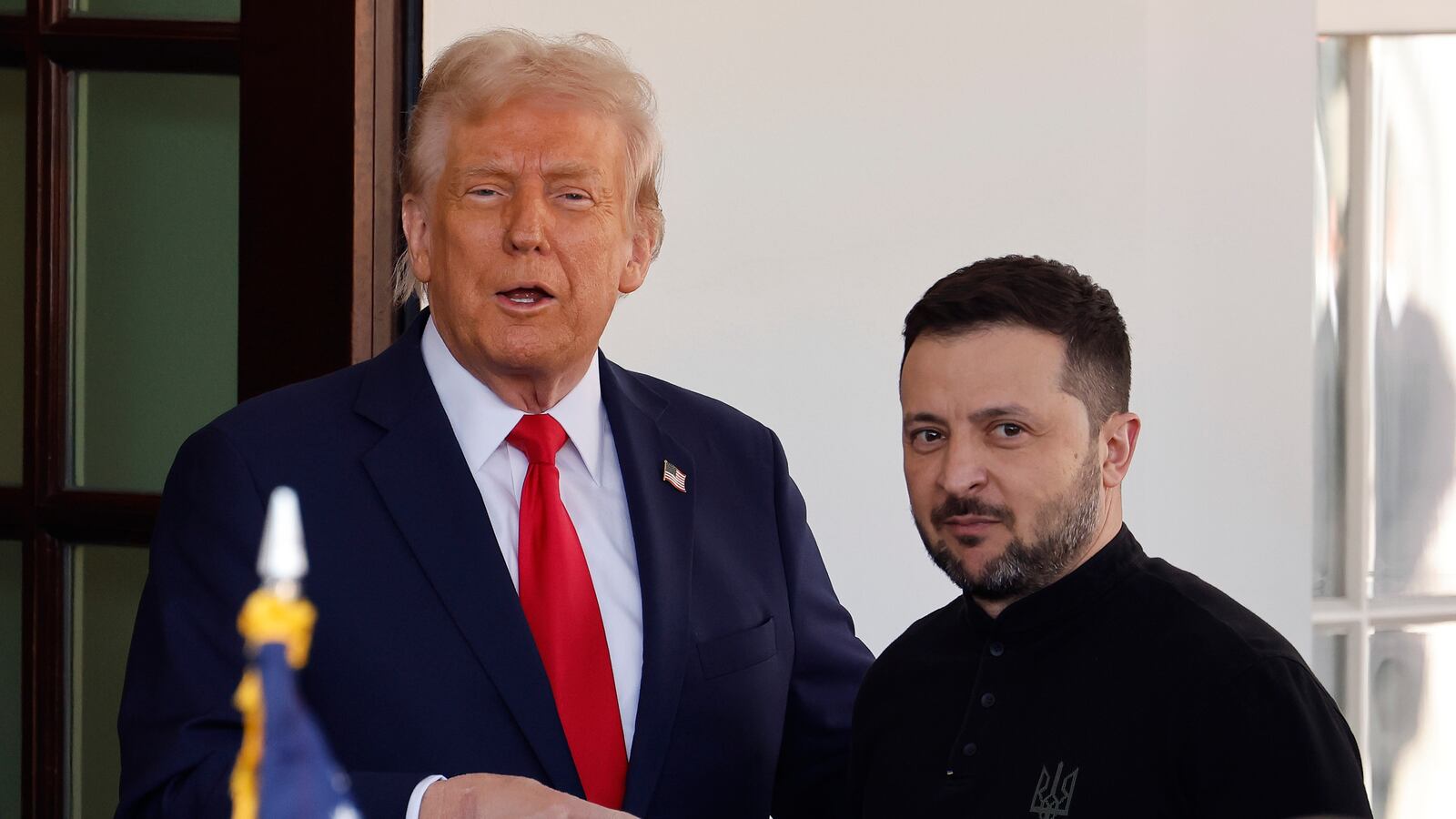 WASHINGTON, DC - FEBRUARY 28: (L-R) U.S. President Donald Trump greets Ukrainian President Volodymyr Zelensky as he arrives at the White House on February 28, 2025 in Washington, DC. Trump and Zelensky are meeting today to sign a preliminary agreement on sharing Ukraine’s mineral resources that Trump says will allow America to recoup aid provided to Kyiv while supporting Ukraine’s economy. (Photo by Chip Somodevilla/Getty Images)