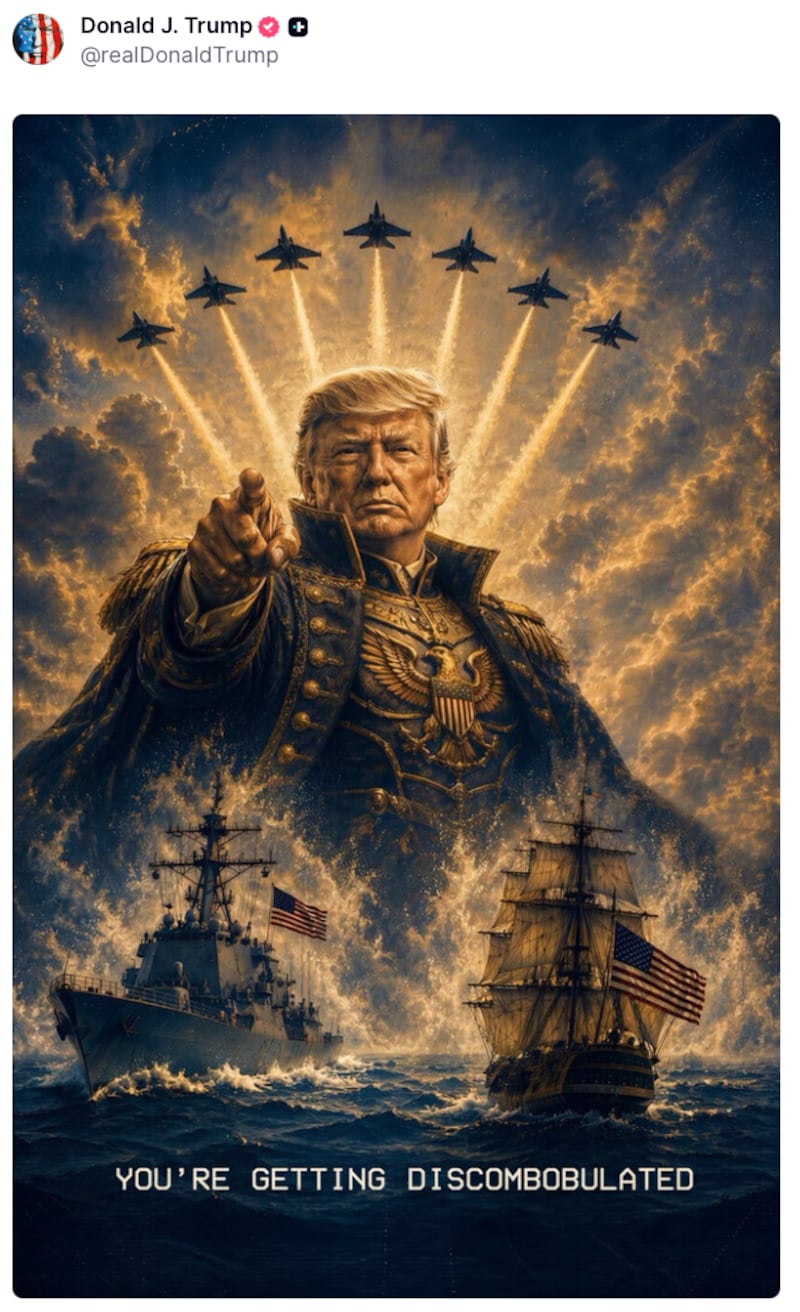 AI art depicting Trump posing as a military commander flanked by fighter jets. Text on the screen reads: "You're getting discombobulated."