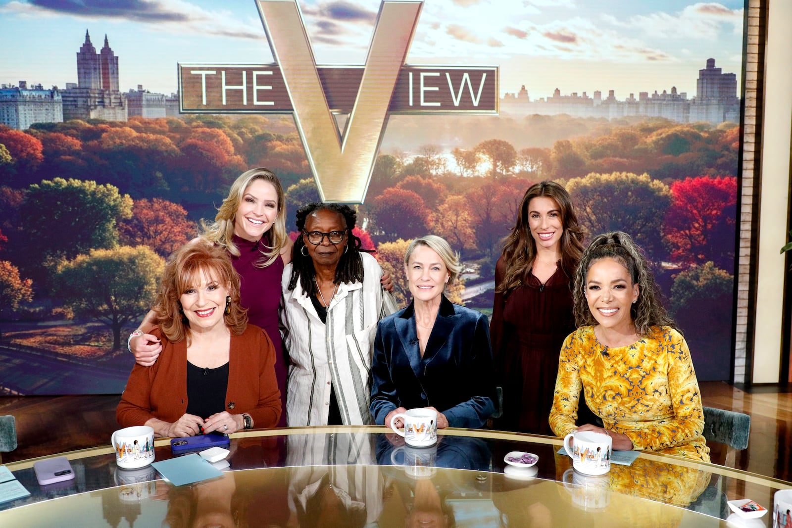 Joy Behar, Sara Haines, Whoopi Goldberg, Robin Wright, Sunny Hostin, and Alyssa Farah on the set of "The View" in September 2025.