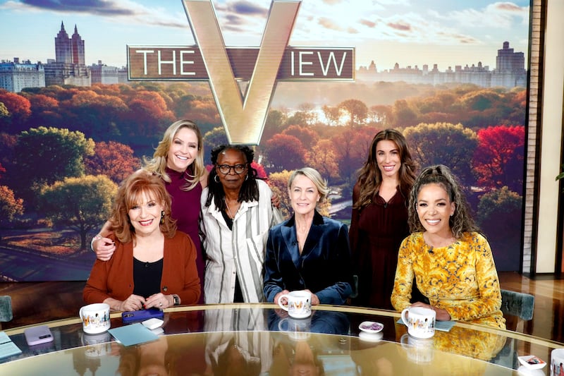 Joy Behar, Sara Haines, Whoopi Goldberg, Robin Wright, Sunny Hostin, and Alyssa Farah on the set of "The View" in September 2025.