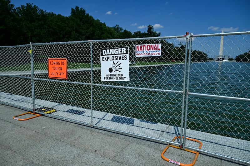The Lincoln Memorial Reflecting Pool is blocked off to visitors with fencing and signs advertising the upcoming July 4th fireworks show in Washington, D.C. on June 29, 2026.