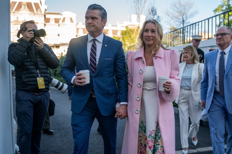 U.S. Secretary of Defense Pete Hegseth and his wife Jennifer Rauchet arrive ahead of the annual Easter Egg Roll at the White House in Washington, D.C., U.S., April 6, 2026.