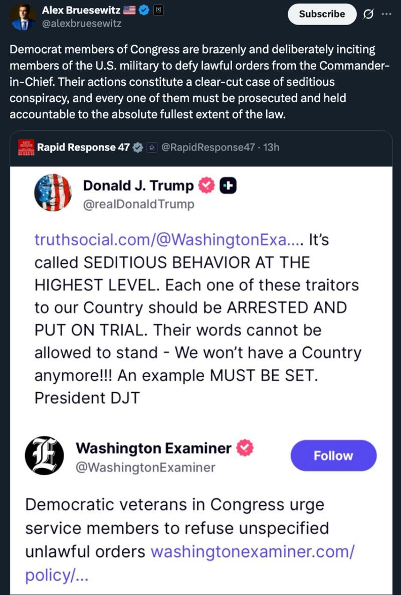 Alex Bruesewitz X post about Trump's sedition claims