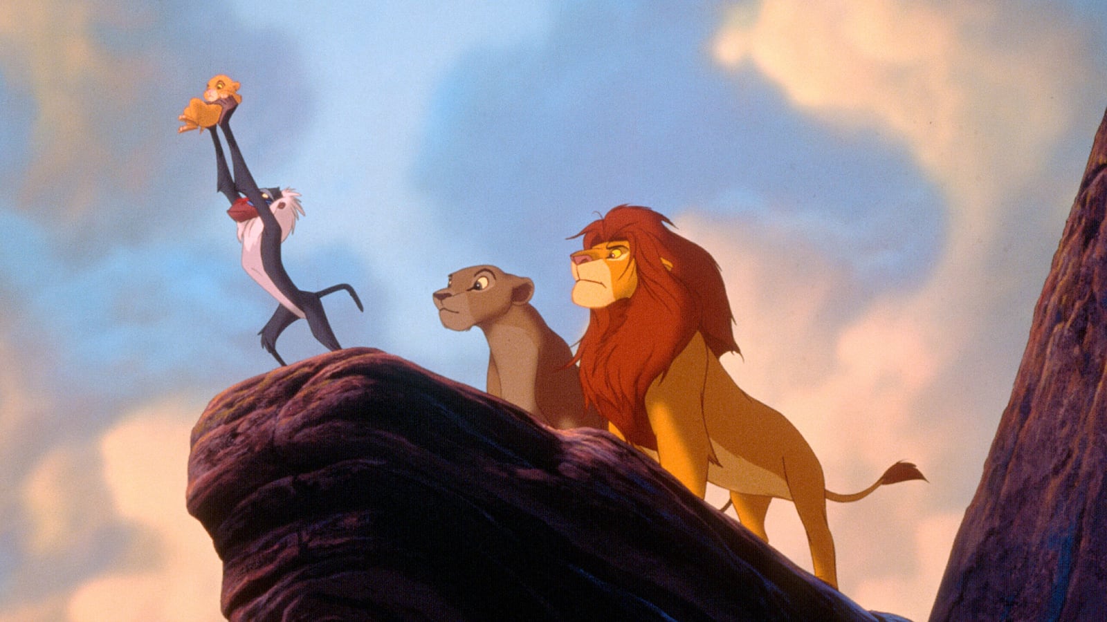 A still from Disney's The Lion King where a baby lion is displayed to the pride and the animal kingdom.