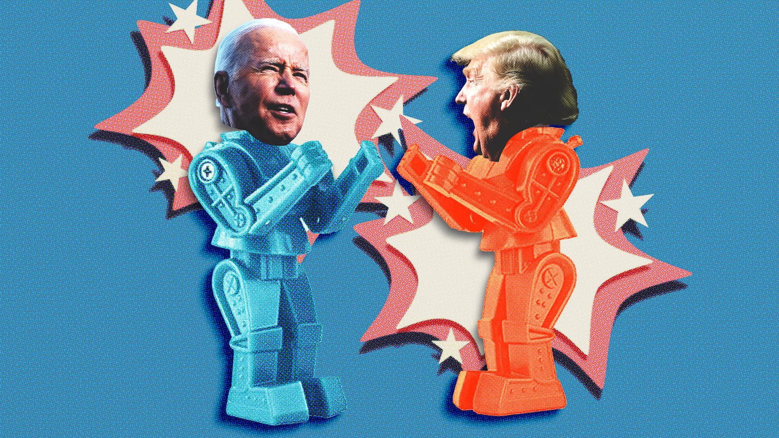 Photo illustration of Joe Biden and Donald Trump on Rock-em Sock-em Robots