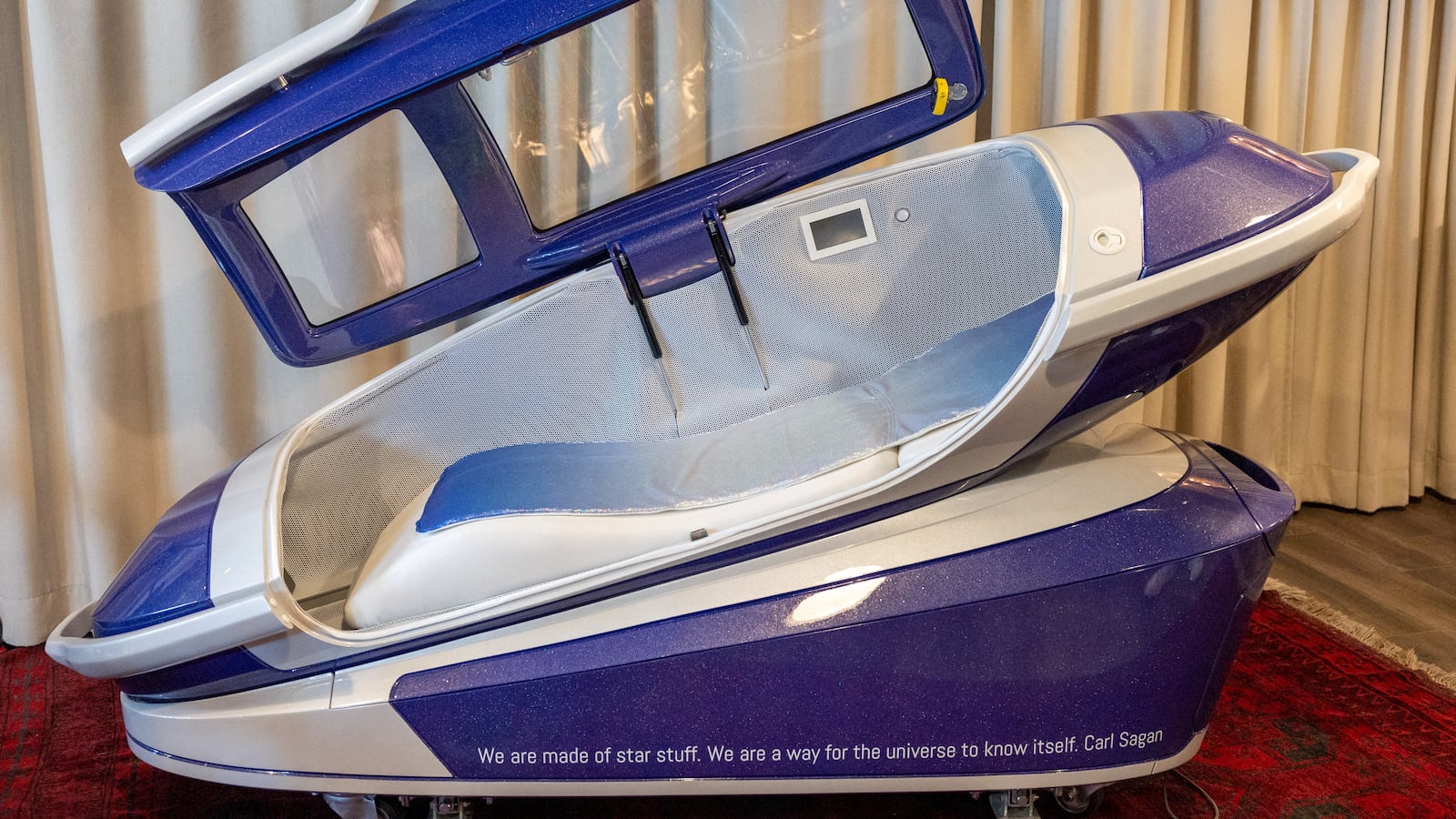 A view of the Sarco suicide machine, a 3D-printed capsule that gives the user the ultimate control over the timing of her/his death, created by Australian euthanasia advocate Philip Nitschke