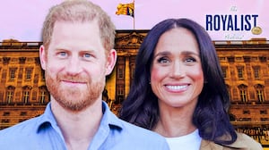 A photo illo illustration of Prince Harry and Meghan Markle in front of the Buckingham Palace for The Royalist.