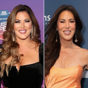 Emily Simpson of the "Real Housewives of Orange County" in a before-and-after diptych showing her weight loss.