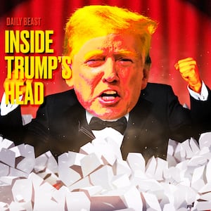 A photo illustration of Donald Trump in a tuxedo in rubble on a stage.