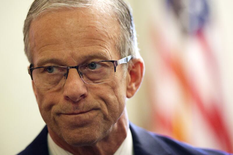 WASHINGTON, DC - OCTOBER 20: U.S. Senate Majority Leader Sen. John Thune (R-SD) speaks to members of the press at the U.S. Capitol on October 20, 2025 in Washington, DC. The government remains shut down after Congress failed to reach a funding deal 20 days ago. (Photo by Alex Wong/Getty Images)