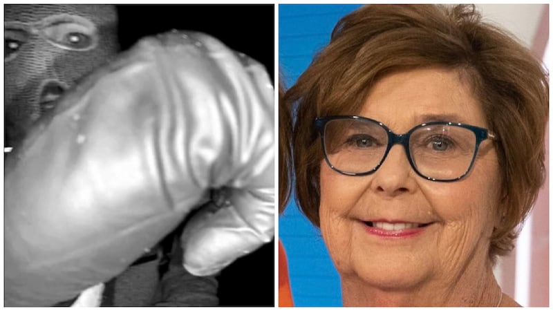 A suspect captured on Nancy Guthrie's Nest camera outside of her home and Nancy Guthrie.