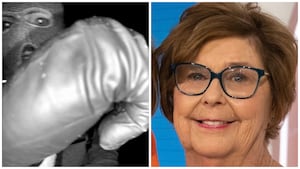 A suspect captured on Nancy Guthrie's Nest camera outside of her home and Nancy Guthrie.