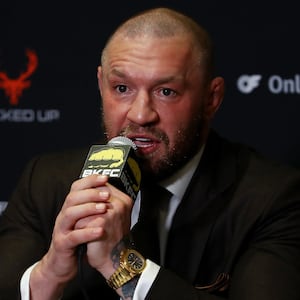 Conor McGregor interacts with media after BKFC 70 Hollywood at Hard Rock Live in Seminole Hard Rock Hotel & Casino on March 27, 2025 in Hollywood, Florida.