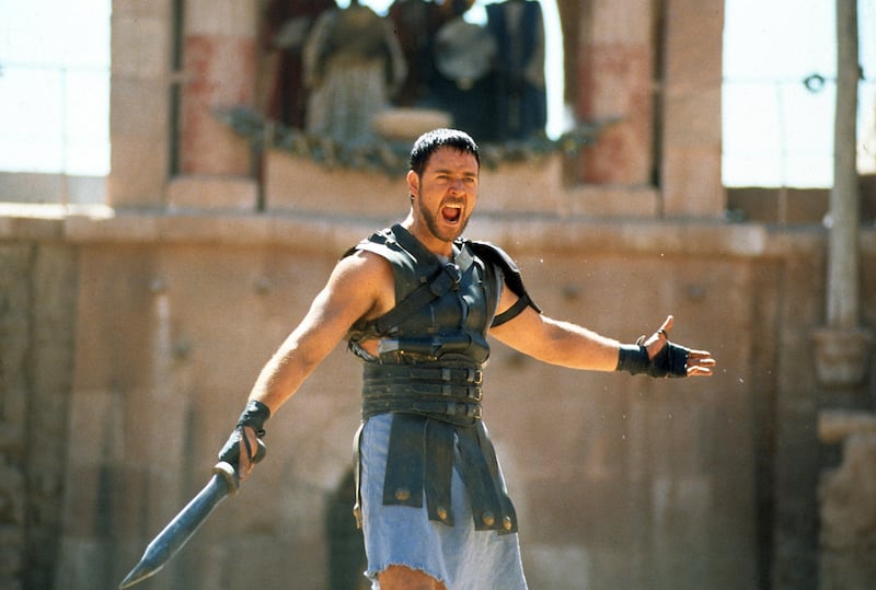Russell Crowe with sword in a scene from the film 'Gladiator', 2000.