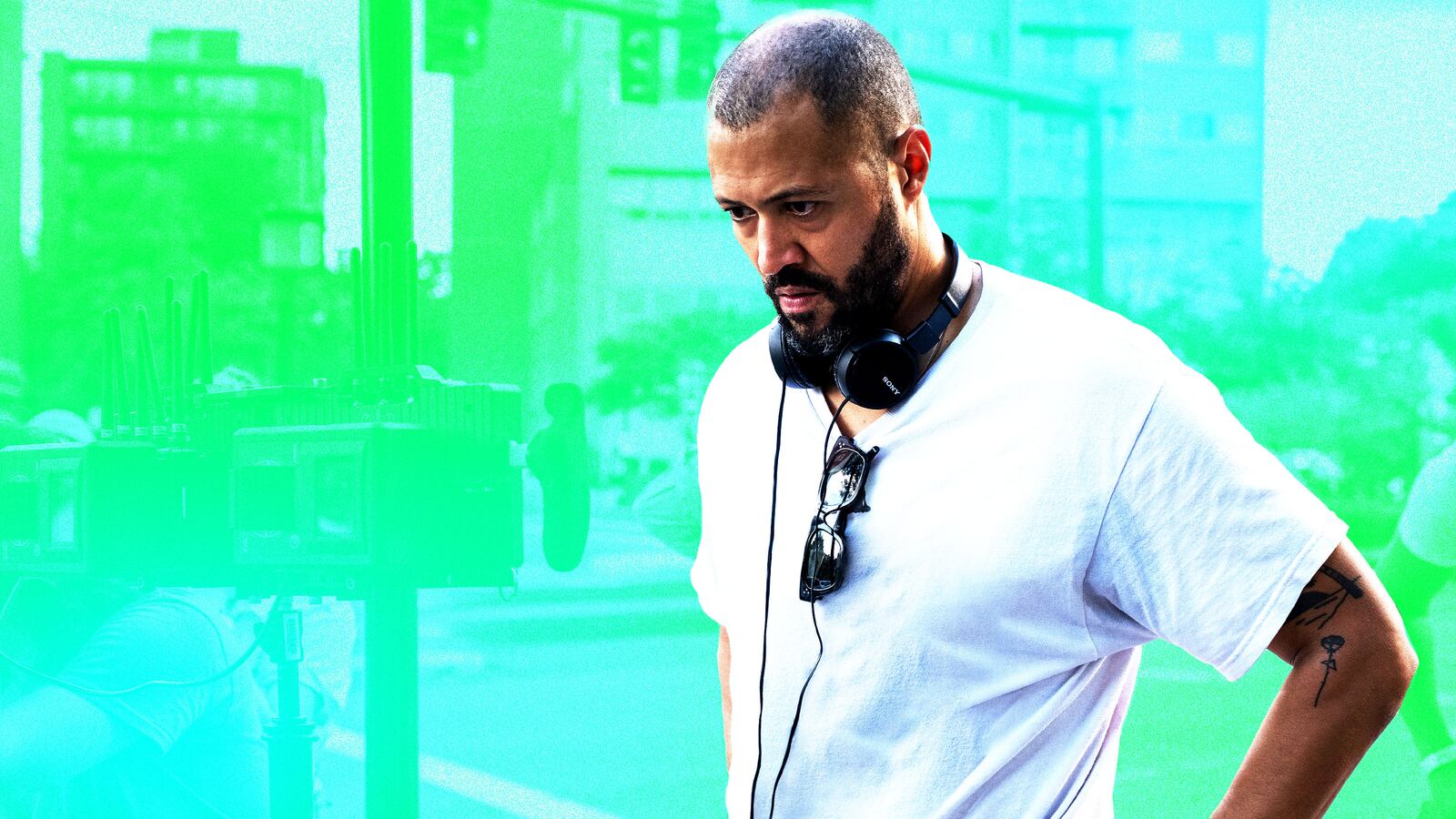 Photo illustration of Cord Jefferson on a blue and green background