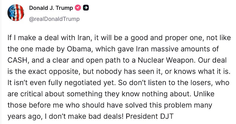 Donald Trump posts about Iran on Truth Social.