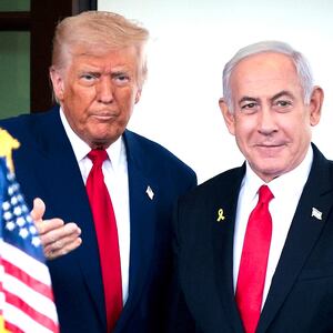 Donald Trump greets Israeli Prime Minister Benjamin Netanyahu as he arrives at the White House on April 07, 2025 in Washington, D.C.