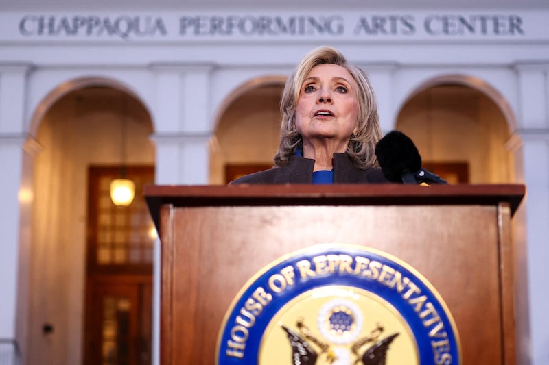 TOPSHOT - Former US Secretary of State Hillary Clinton speaks to the press after her a deposition with the House Oversight Committee as they investigate links to convicted sex offender Jeffrey Epstein, in Chappaqua, New York, on February 26, 2026. Clinton testified behind closed doors on Thursday before a congressional committee investigating the late convicted sex offender Jeffrey Epstein and his accomplice Ghislaine Maxwell. Former president Bill Clinton is scheduled to answer questions the following day from the Republican-led House Oversight Committee about his relations with Epstein, who died in a New York jail cell in 2019 while awaiting trial. (Photo by CHARLY TRIBALLEAU / AFP via Getty Images)