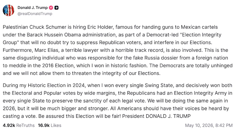President Trump's "election army" Truth Social post.