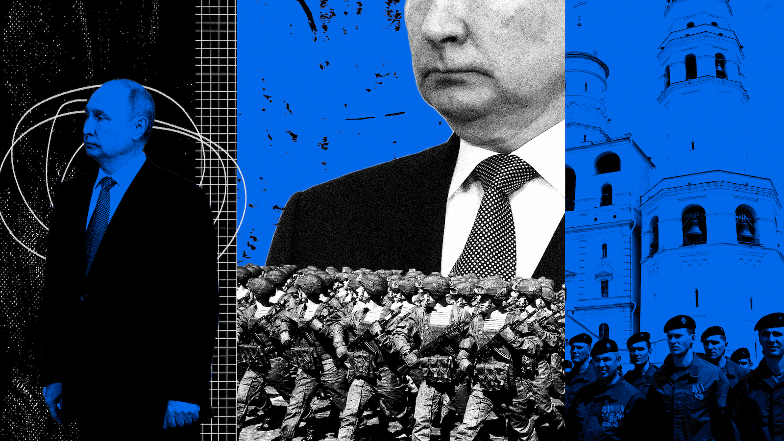 A photo illustration of Russian President Vladimir Putin with soldiers