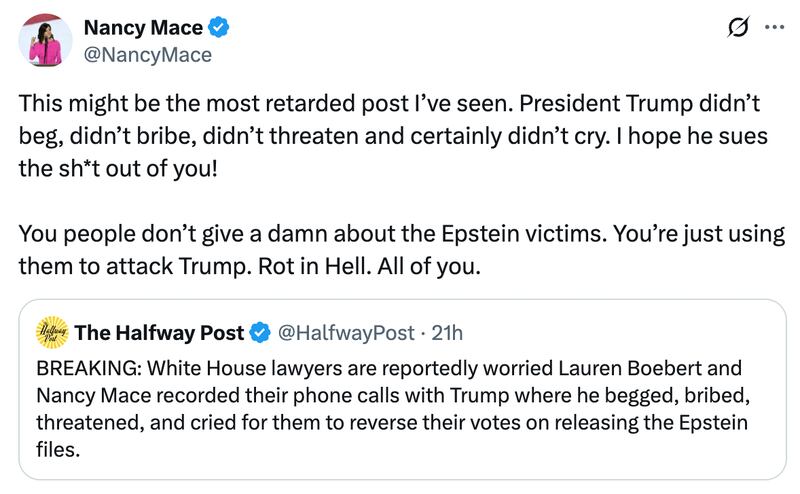 Nancy Mace rages at a satirical account on X
