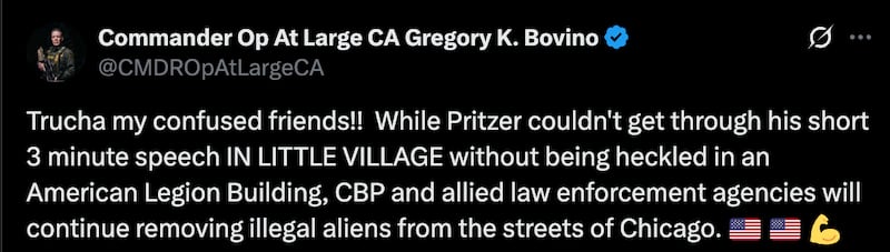 Gregory Bovino denies Border Patrol is leaving Chicago.