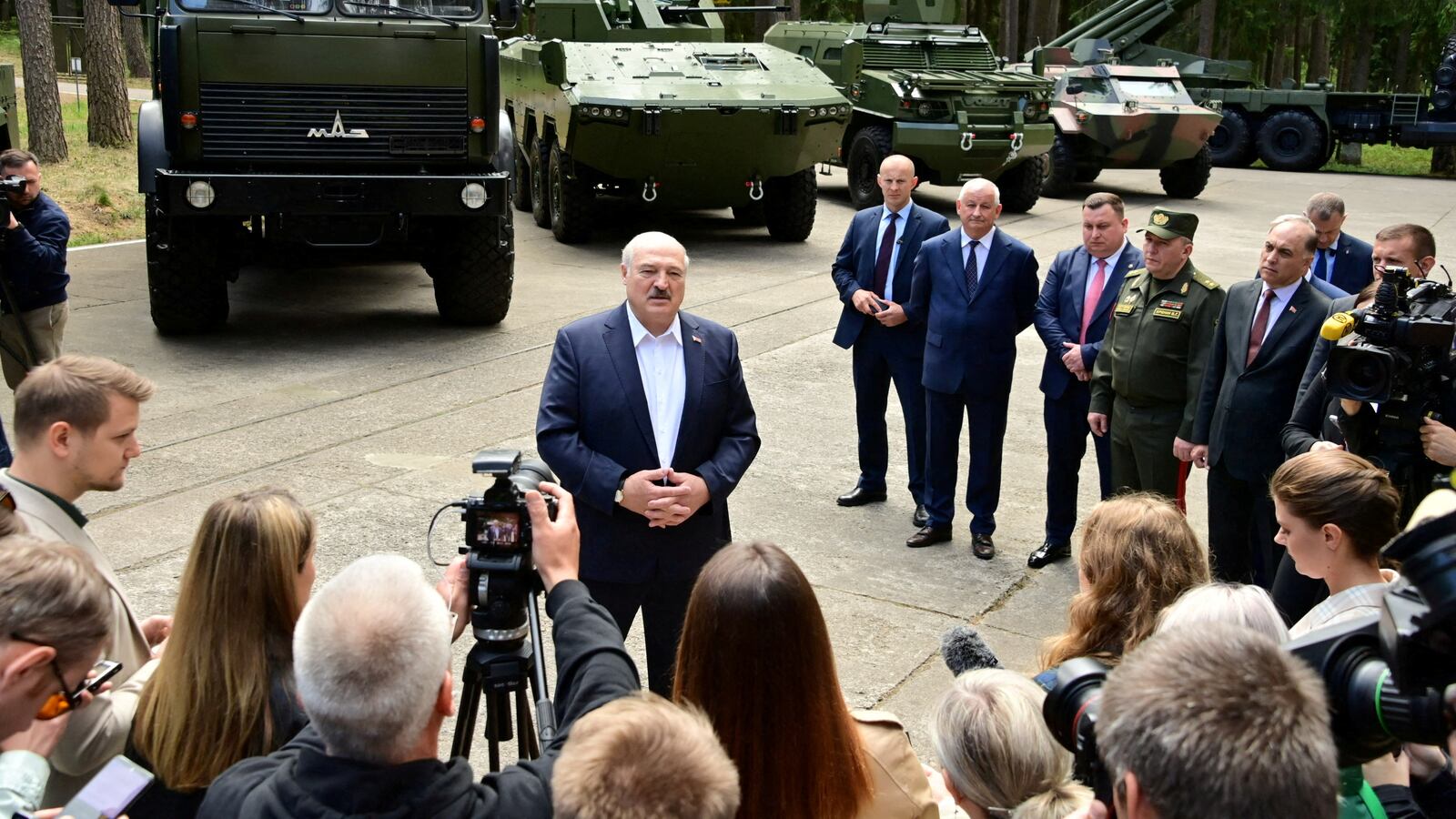 Belarusian President Alexander Lukashenko speaks to journalists during his visit to a military-industrial complex facility in the Minsk Region, Belarus June 13, 2023.