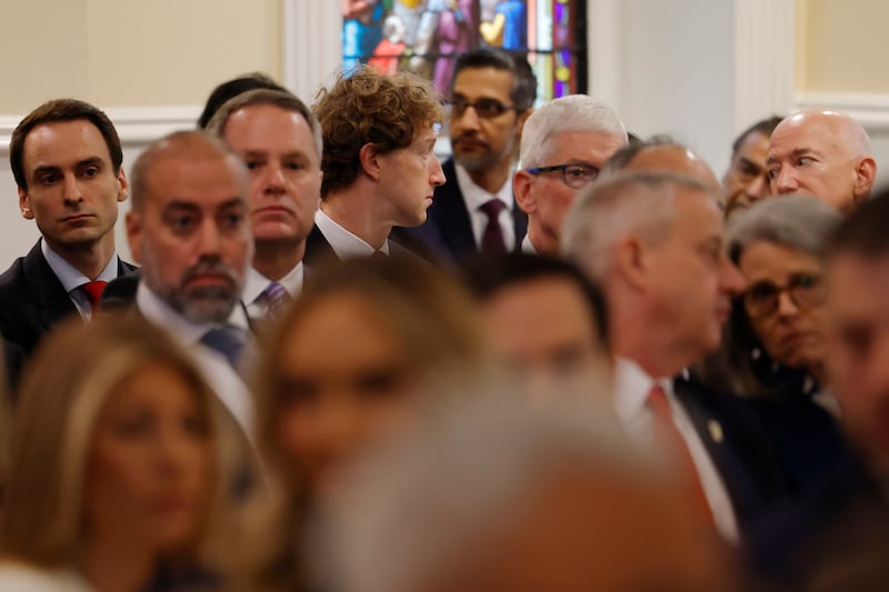 WASHINGTON, DC - JANUARY 20: Meta and Facebook CEO Mark Zuckerberg, CEO of Google Sundar Pichai,  CEO of Apple Tim Cook, Founder of Amazon and Blue Origin Jeff Bezos attend services as part of  Inauguration ceremonies at St. John's Church on January 20, 2025 in Washington, DC. Donald Trump takes office for his second term as the 47th president of the United States. (Photo by Anna Moneymaker/Getty Images)