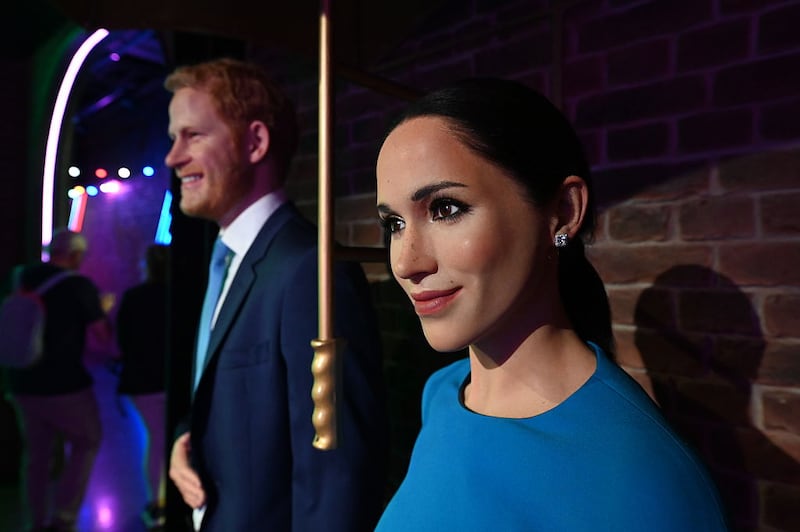 LONDON, UNITED KINGDOM - AUGUST 21: Wax figures of Prince Harry, Duke of Sussex, and his wife Meghan Markle are displayed at Madame Tussauds London amid reports that the couple are planning a return to the United Kingdom, on August 21, 2026 in London, United Kingdom. Harry, the son of King Charles III, and Meghan currently live in the United States. (Photo by Rasid Necati Aslim/Anadolu via Getty Images)