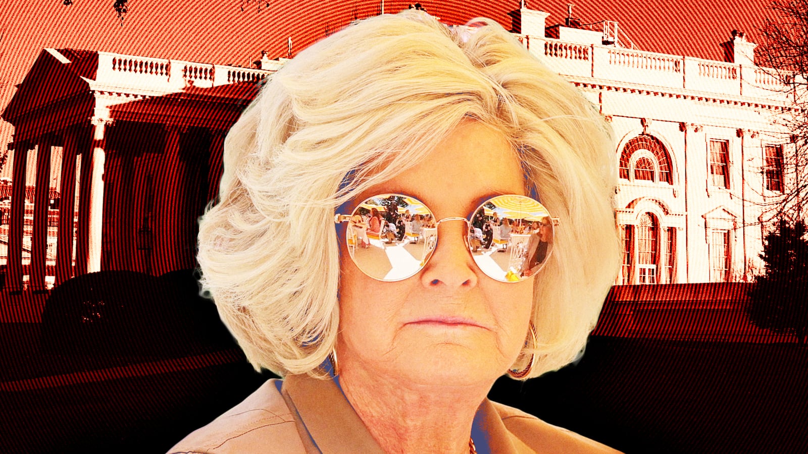 A photo illo illustration of White House Chief of Staff Susie Wiles in front of The White House.