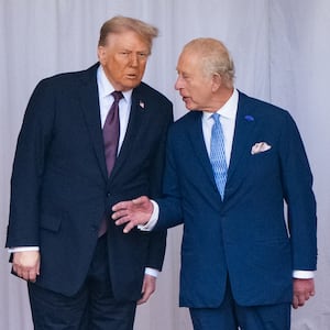 WINDSOR, ENGLAND - SEPTEMBER 17: King Charles III and US President Donald Trump at the Ceremonial Welcome during the State visit by the President of the United States of America at Windsor Castle on September 17, 2025 in Windsor, England. (Photo by Zak Hussein - Pool via Samir Hussein/WireImage)