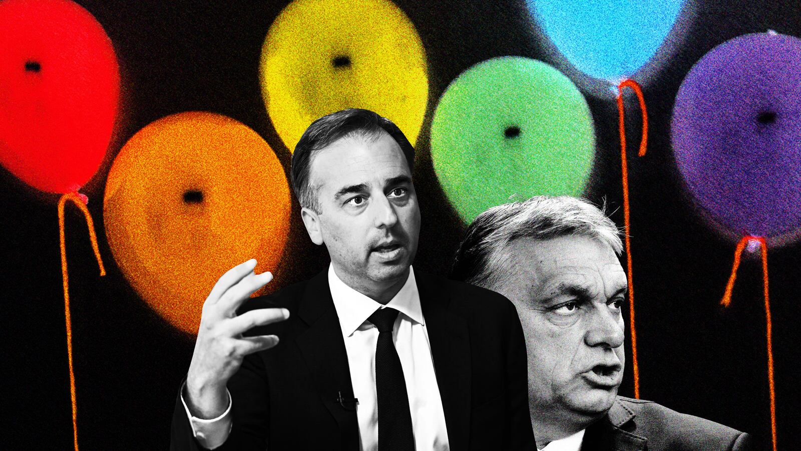 An illustration that includes photos of U.S. Diplomat David Pressman, Prime Minister Viktor Orbán, and Pride iconography.