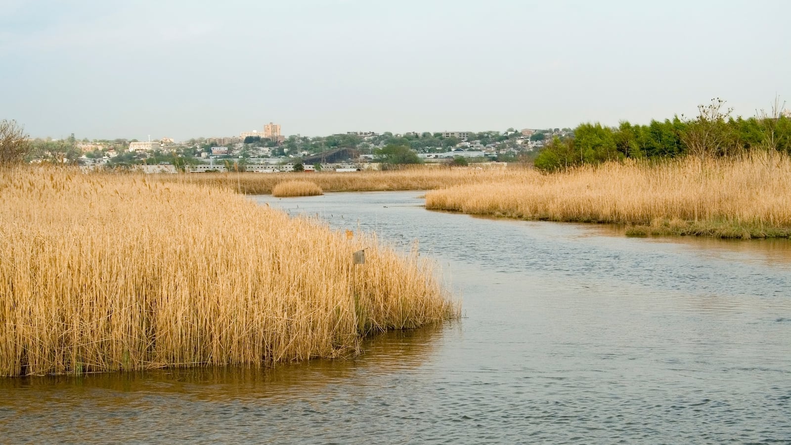 A view of the Hackensack River and the wetlands known as the Meadowlands in Secaucus New Jersey.