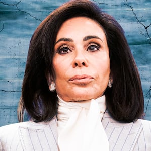 A photo illustration of Jeanine Pirro and the DC Reflecting Pool.