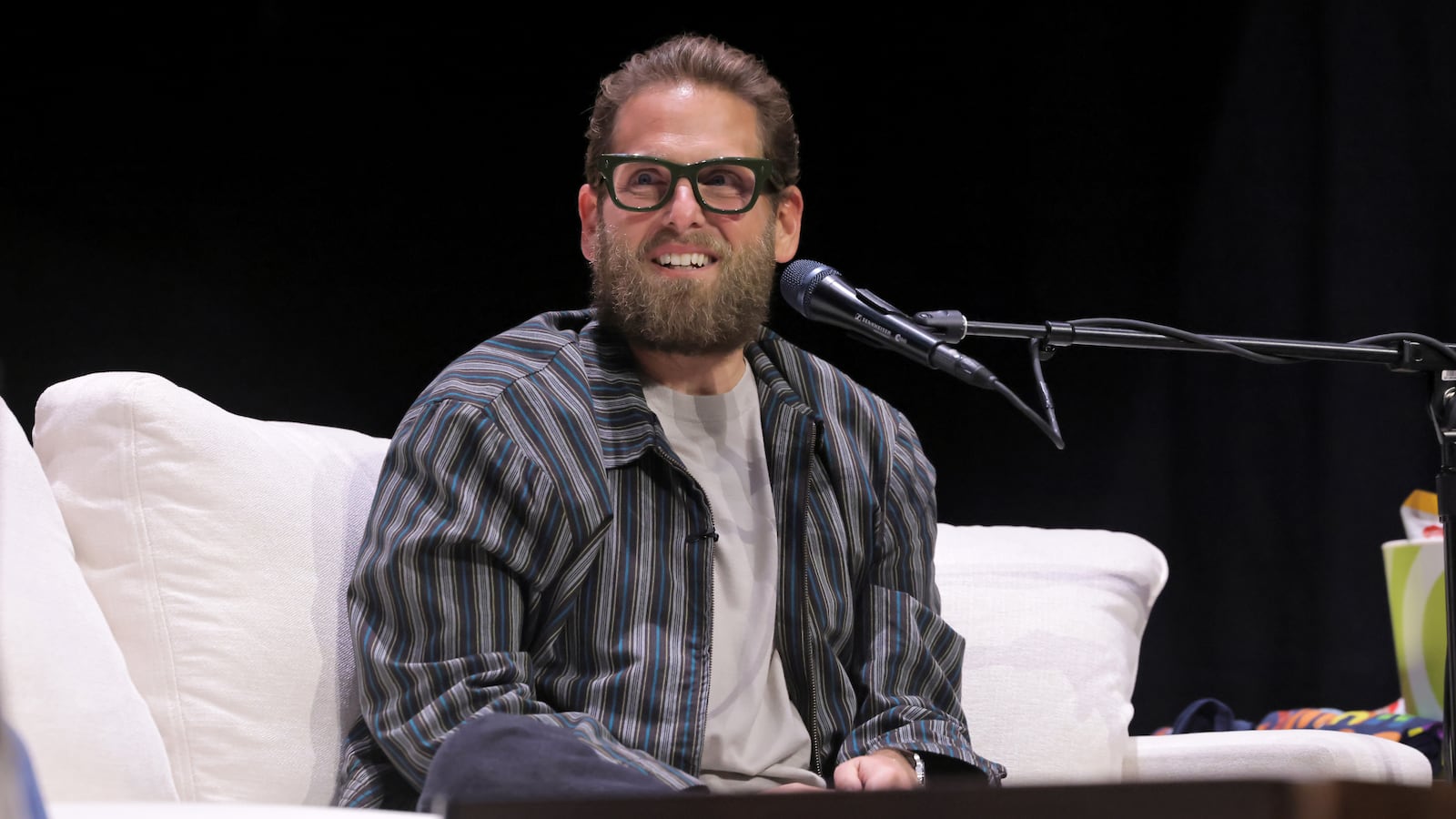 Jonah Hill speaks onstage during SiriusXM Presents SmartLess LIVE