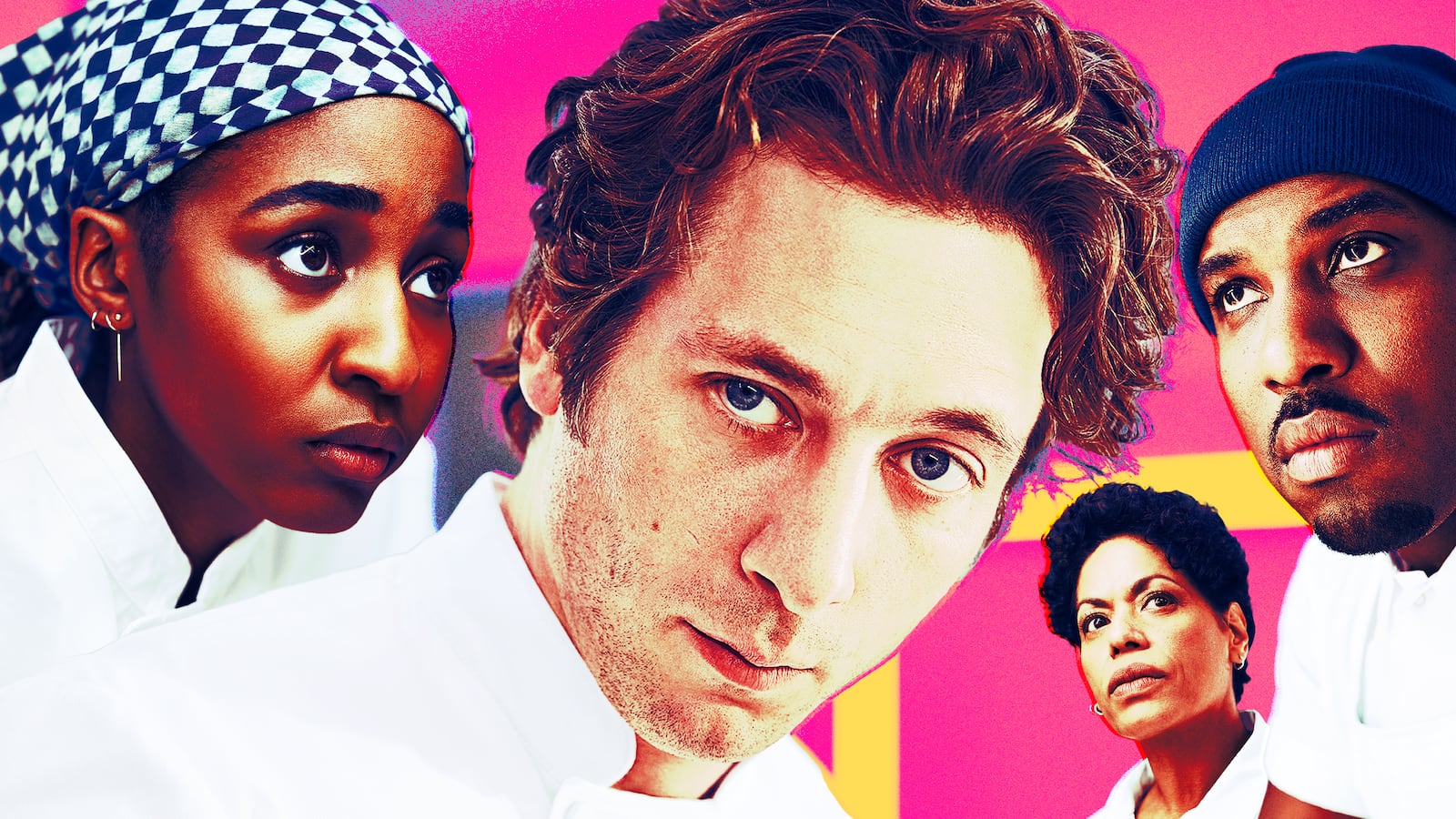 A photo illustration of Ayo Edebiri, Jeremy Allen White, Liza Colón-Zayas, and Lionel Boyce.