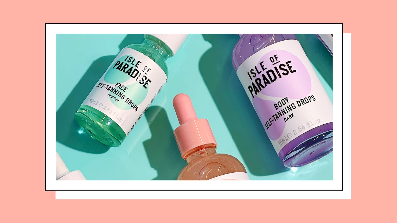 Isle of Paradise self-tanning drops in medium and dark shades for face and body, hydrating customizable tanning serum bottles