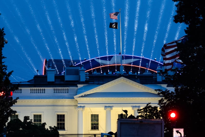 Lights shine from the Ultimate Fighting Championship ring during a test in preparation for the UFC Freedom 250 match on June 11, 2026 in Washington, DC.