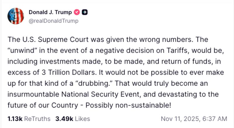 A screen grab of President Trump's Truth Social post.