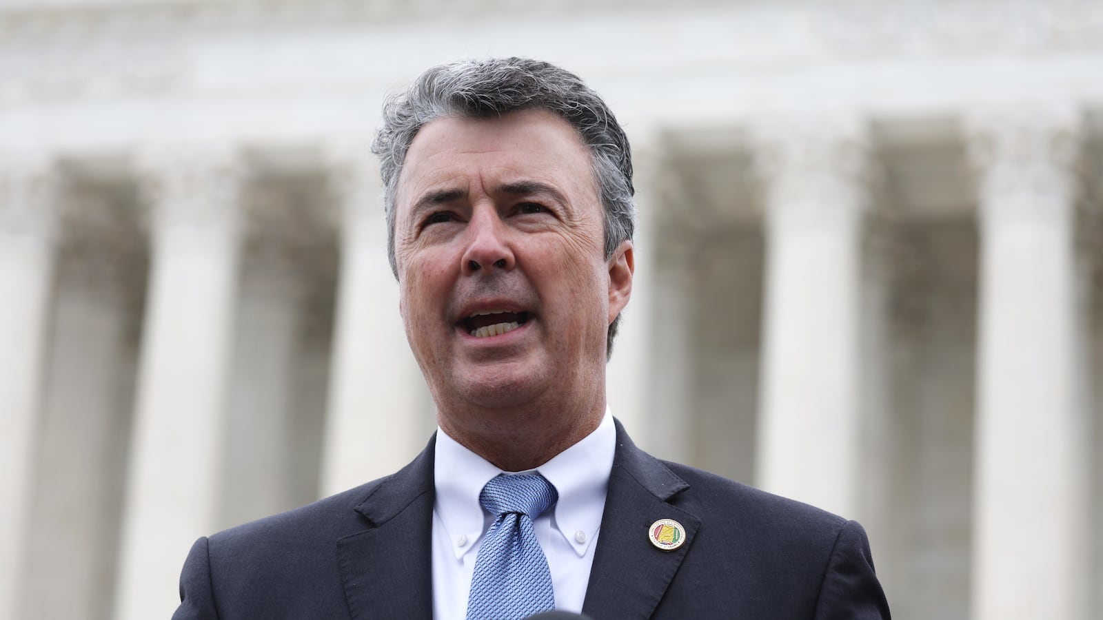Attorney General of Alabama Steve Marshall speaks to members of the press after the oral argument of the Merrill v. Milligan case at the U.S. Supreme Court on October 4, 2022 in Washington, DC.