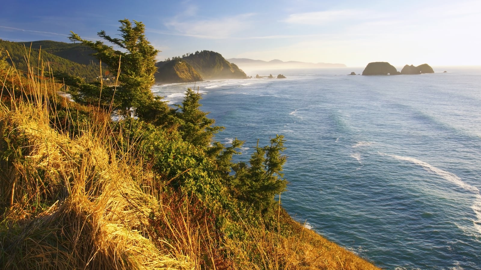 Tranquil scene along the Oregon coast of a gentle mist above the surf and rock formations along the coastline on Tillamook Bay. Oregon, United States of America
