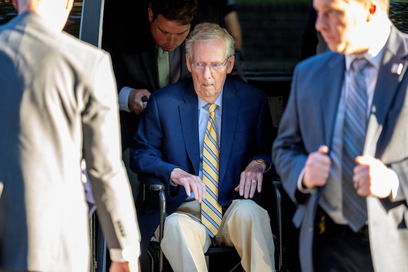 Sen. Mitch McConnell (R-KY) returns to his residence following a vote on the Senate floor after being out of the public eye for over three months in Washington, D.C., on Sept. 14, 2026.