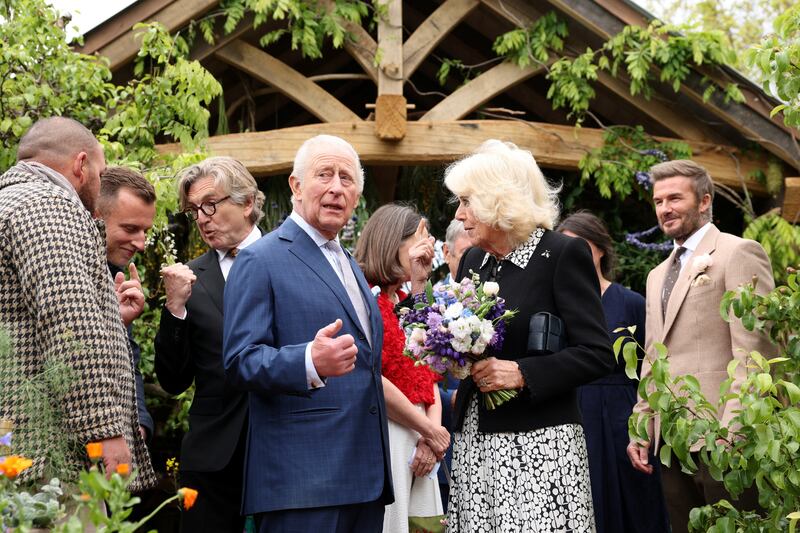 Britain's King Charles III and Britain's Queen Camilla visit the RHS and The King's Foundation Curious Garden ahead of the 2026 RHS Chelsea Flower Show in 2026.