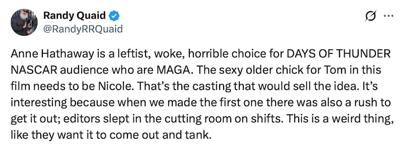Randy Quaid goes after "leftist" Anne Hathaway on X.