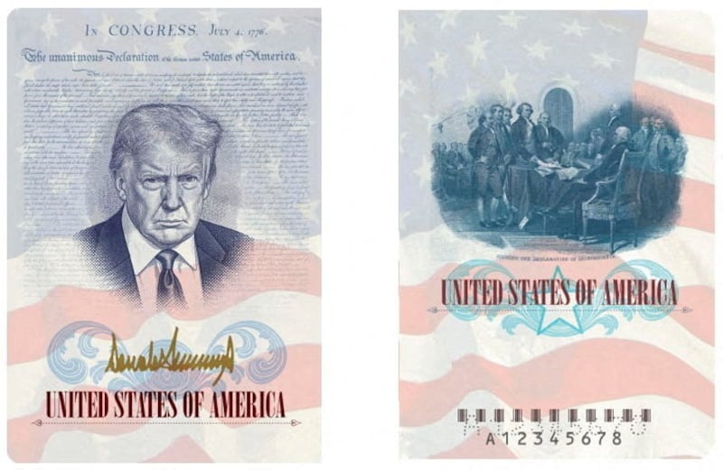 A U.S. passport featuring an image and signature of U.S. President Donald Trump is seen this rendering released by the State Department in Washington, D.C., U.S., April 28, 2026. U.S. State Department/Handout via REUTERS   THIS IMAGE HAS BEEN SUPPLIED BY A THIRD PARTY