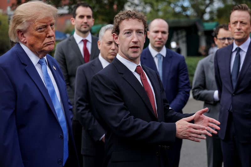 Meta CEO Mark Zuckerberg speaks after the luncheon. He and Trump are now suddenly calling A.I. "S.I.," for "super intelligence."